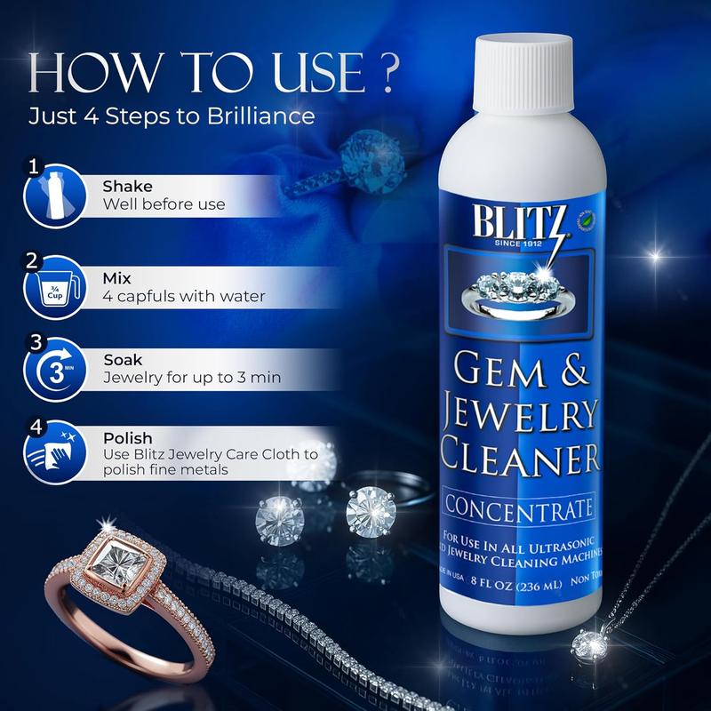 Blitz Gem & Jewelry Cleaner Concentrate 8 Oz Non-Toxic Formula for Gold Silver Diamonds & More Gentle Cleaning Solution Made in the USA