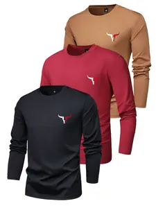Men's Crew Neck Long Sleeve T-Shirt Set - 3 Pack, Lightweight Spring & Autumn Layering Tees with Bull Head Print, Casual & Versatile Street Style for Work & Everyday Wear