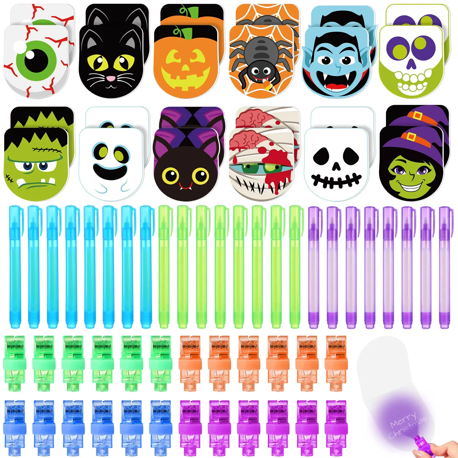 24 Sets Halloween Christmas Students Gifts Bulk Invisible Ink Pen Notebook and Finger Lights Spy Pens with UV Light for Trick or Treat Toys School Prizes Classroom Rewards Goodie Bag Stuffers and Christmas Stocking Stuffers for Kids, Colorful Lights, 24 P