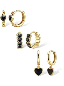 3 Pairs Hypoallergenic 14K Gold Plated Hoop Earrings for Women, Black Heart Huggie Earrings with 925 Sterling Silver Post