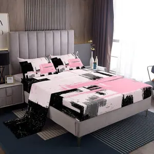 Feelyou Microfiber Bed Sheet Set - Modern Abstract Pink Black Pattern Bedding Set with Deep Pocket Fitted Sheet, Soft Breathable Linens, Luxury Room Decor, Microfiber Bed Sheets