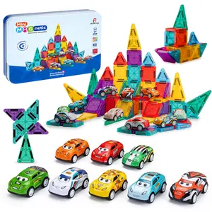 Mini Magnetic Tiles 62 PCS with 8 Metal Cars Travel Magnetic Building Tiles with Storage Box Magnet Toy for Kids STEM Educational Set Construction Toys Boys Girls Toddlers Birthday Gifts 3 4 5 6 7 8