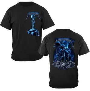USMC Fallen Brothers Memorial T-Shirt, Blue Battlefield Cross Graphic, Black Honor Tee for Marines, Patriotic Veteran Tribute Shirt