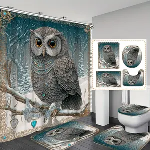 Winter Owl Print Shower Curtain Set, 1pc/4pc Bath Curtains with 12 Hooks, Non-Slip Mat, U-Shaped Floor Mat, Bathroom Accessories