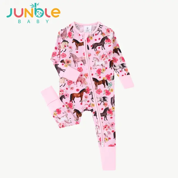 Junblebaby Bamboo Baby Romper - Convertible Footies, 2-Way Zipper, Pink Horse, Western Floral Infant Sleepsuit, Baby Clothing