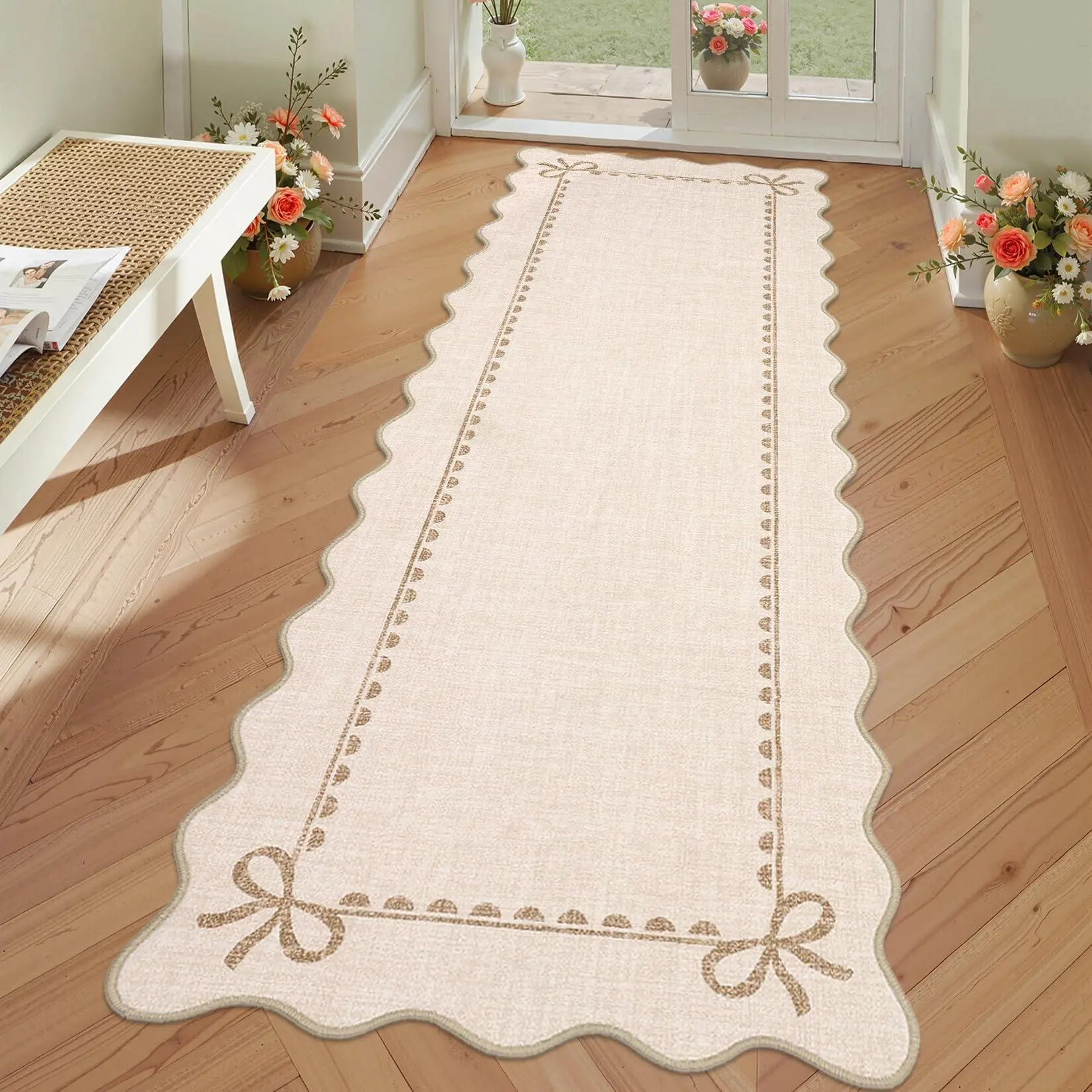 Scalloped Hallway Runner Rug 2x6 Non Slip Bedroom Rugs, Beige | Washable Bow Rug for Girls Dorm Nursery Living Room Entyrway Kitchen, Soft Low Pile Ultra-Thin Indoor Carpet