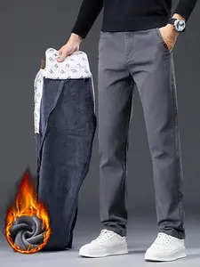 Men's Fleece Lined Denim Jeans, Thickened Outdoor Warm Straight Leg Jeans, Casual Fall Winter Long Trousers, Slim Fit Striped Design