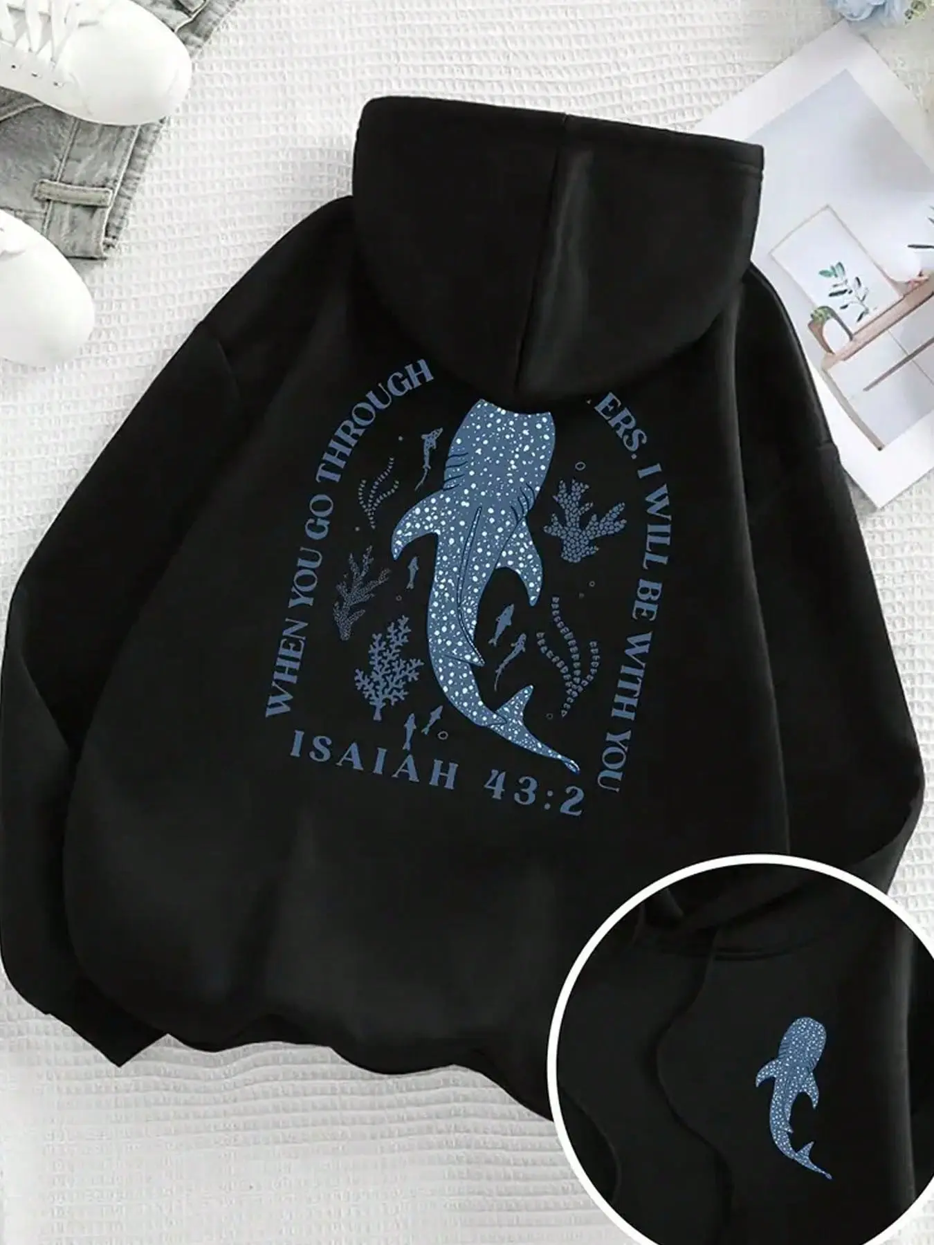 When You Go Through Waters I Will Be With You Double Print Hoodie, 270G Brushed Fleece Whale Shark Isaiah 43:2 Ocean Christian Hooded Sweatshirt, Religious Nature Aesthetic Casual Pullover For Men Women