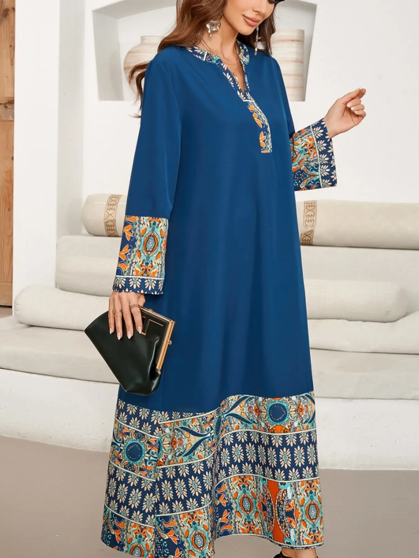 Muslim Printed Patchwork Long V Neck Elegant Mid-Length Sleeve Dress, Arabic Abaya, Modest Fashion, Perfect for Special Occasions