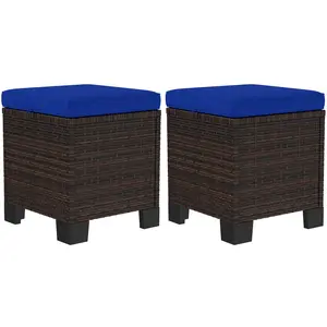 Dual Use Indoor Outdoor Wicker Ottoman Set 15.7W 15.7D 18.1H Dark Blue Patio Foot Stool Removable Cushion Design Can Be Transformed Into Side Table Extra Seating For Apartment Balcony Pool Area