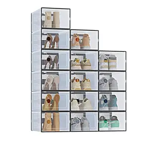 Black Stackable Shoe Organizer Boxes 12/15 Pack, 9"W & 10"W Sneaker Storage Containers with Lids, Space Saving Shoe Rack for Closet & Entryway