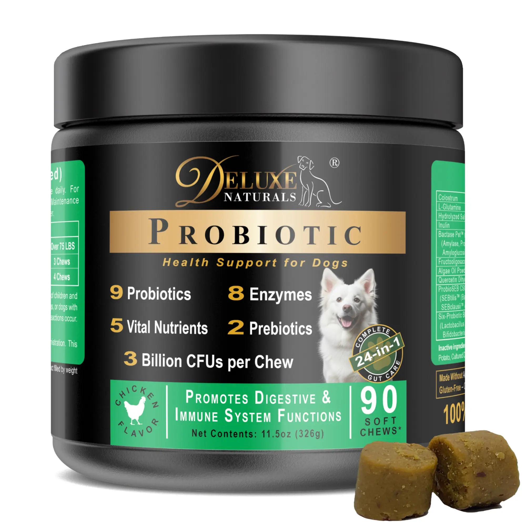 Deluxe Naturals Probiotic Soft Chews for Dogs – 90 Count – Digestive & Immune Support with 9 Probiotics, 8 Enzymes, 2 Prebiotics & 5 Vital Nutrients – Chicken Flavor