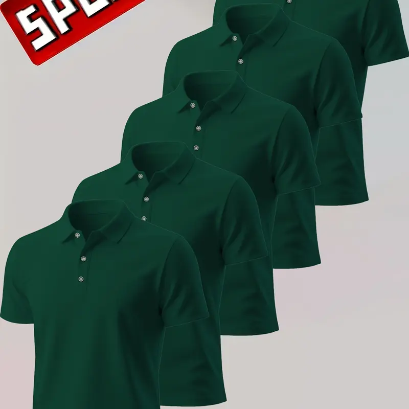 Men's Summer Shirts Set of 5, Breathable Knit Short Sleeve Button Neck, Classic Solid Color Golf Polo Casual Wear, Fit Tee, Knitted Polo Shirt