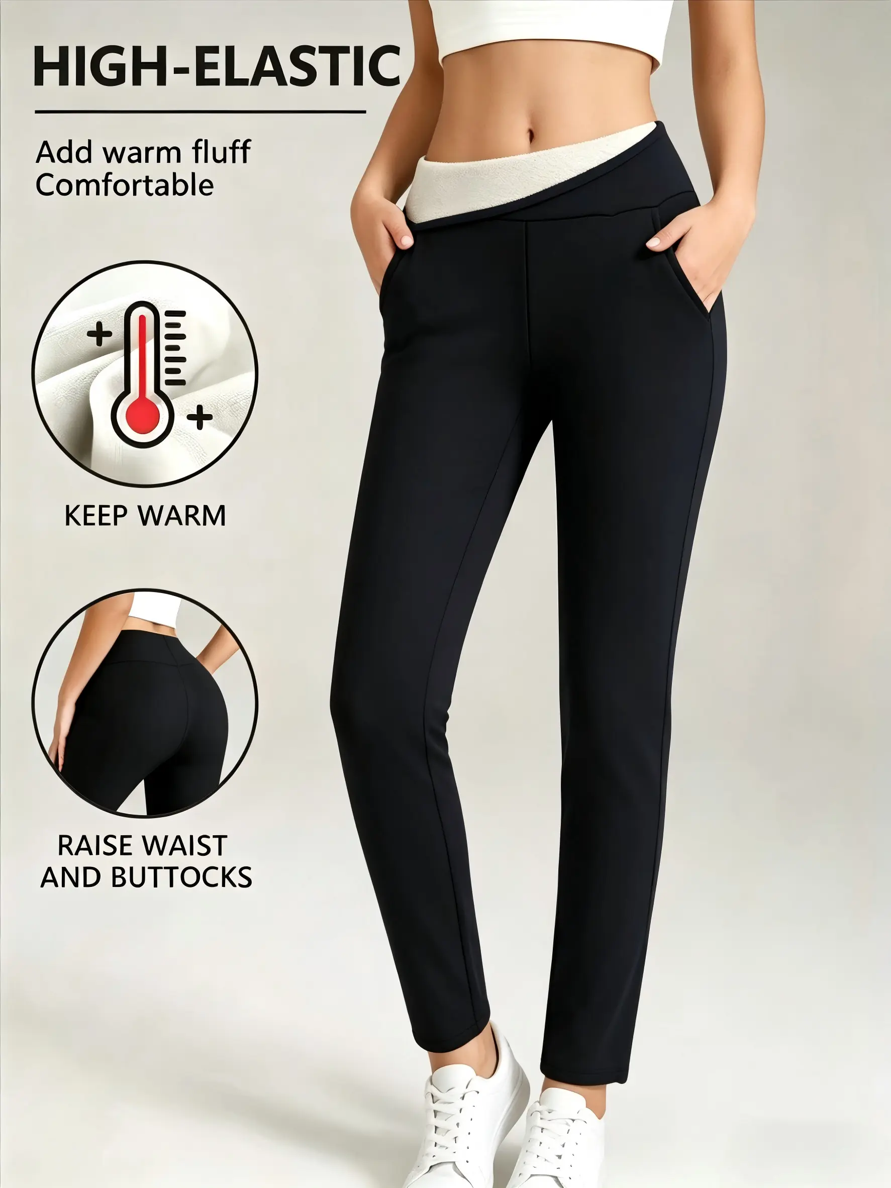 Women's High-Waisted Fleece-Lined Soft Leggings with Pockets - Warm Winter Sporty Joggers, Suitable for Exercise and Running Runner Pants Seamless Yoga Pants