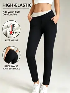 Women's High-Waisted Fleece-Lined Soft Leggings with Pockets - Warm Winter Sporty Joggers, Suitable for Exercise and Running Runner Pants Seamless Yoga Pants