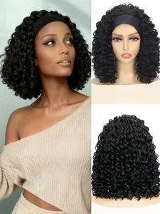 14 Inch Deep Wave Headband Wig for Women, Glueless Wear and Go, Heat Resistant Synthetic Hair, Shoulder Length Bob, Daily Use Dating