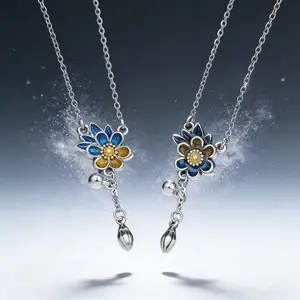 AELNEN Elegant Lotus Flower Enamel Necklace - Dainty Blue-Yellow Floral Charm for Daily Wear - Valentine’s Day Gift For Her
