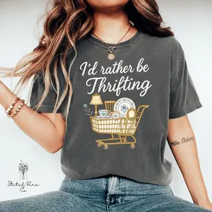 I’d Rather Be Thrifting Shirt Thrift Aesthetic Shirt Blue And Gold Vintage Sweater Retro Thrifting Gra Hoodied Ultra-Soft Cotton Sweaters