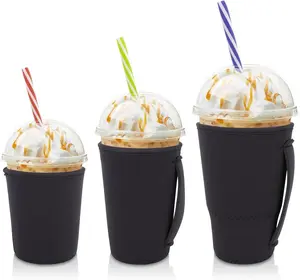 Iced Coffee Sleeve Insulator Sleeves for Cold Drinks Beverages, 3 Pack Reusable Neoprene Cup Sleeve with Handle for 16-32oz Coffee cups（Black）