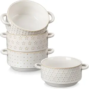 20 oz Ceramic Soup Bowls with Handles, Set of 4 - Oven & Microwave Safe  Onion Soup Bowls,  Embossed Patterns, Dishwasher Safe for Soups, Stews & Desserts, Series LYDIA