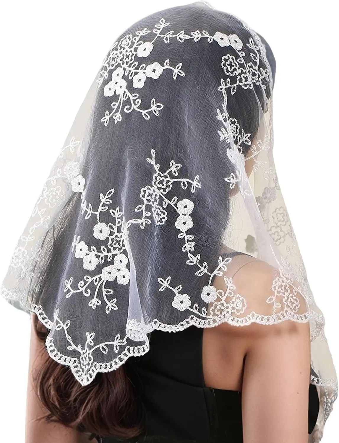 Triangle Veil with Lace Edge, Floral Pattern Sheer Tulle Chapel Bridal Veil for Wedding, Church, Daily Use Mantilla