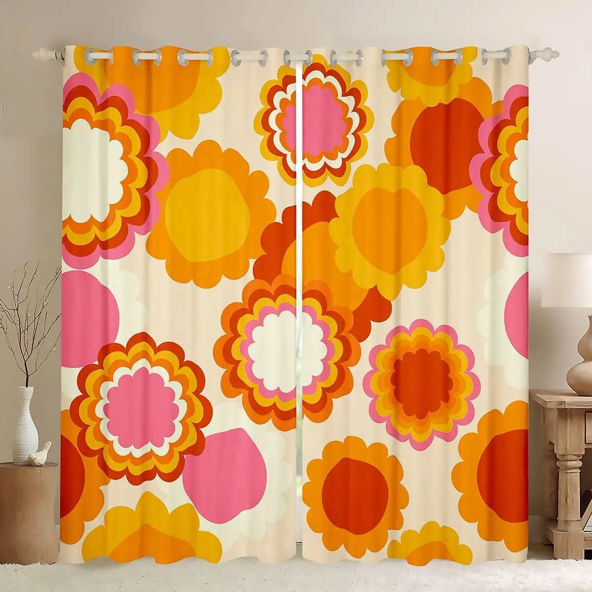 Feelyou 2-Panel Velvet Fabric Vintage Floral Print Blackout Curtains - 60s-70s Retro Hippie Botanical Bloom, Groovy Darkening Drapes with Partial Shade, Multi-Size Window Treatments, Two Panels