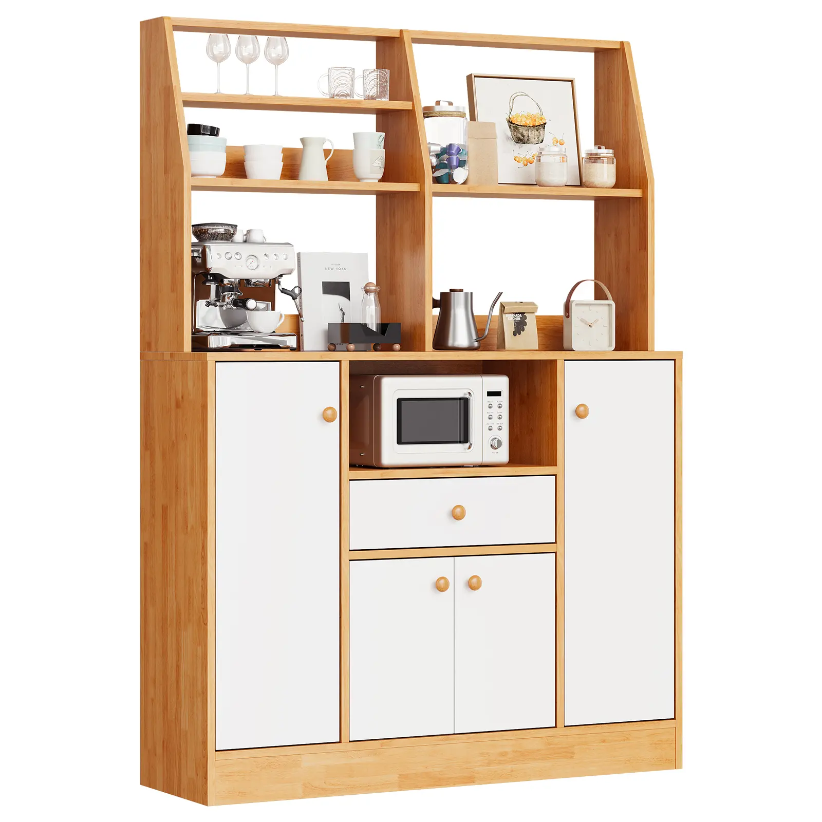 Kitchen Pantry Storage Cabinet with Microwave Shelf, Tall Pantry Cabinet with Countertop, Freestanding Countertop Cabinets with Drawer &Adjustable Shelf & Storage Rack, White + Walnut