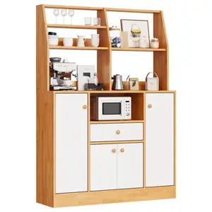 Kitchen Pantry Storage Cabinet with Microwave Shelf, Tall Pantry Cabinet with Countertop, Freestanding Countertop Cabinets with Drawer &Adjustable Shelf & Storage Rack, White + Walnut