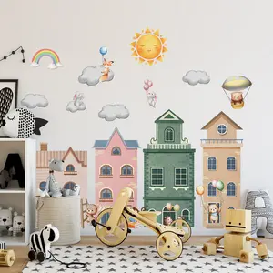 Cartoon Hot Air Balloon & Cloud & House Pattern Wall Sticker, Self Adhesive Wall Decal, Wall Art Decorative Sticker for Home Living Room Bedroom, Ornaments
