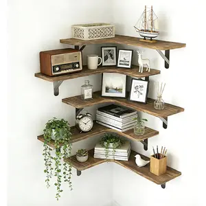 Corner Floating Shelves, Set of 5 L-Shape Wood Wall Mounted Shelves for Bathroom Kitchen Bedroom Living Room Laundry Room Home Decor, Wood Corner Shelves Rustic Brown