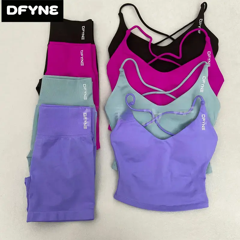 DFYNE Unisex Seamless 2-Piece Matching Activewear Set - Criss Cross Back Sports Bra, High Waist Biker Shorts, Soft Stretchy Quick Dry Sport Ready Gym Yoga Outfit (4 Solid Colors), Sporty Sports Clothing Sets