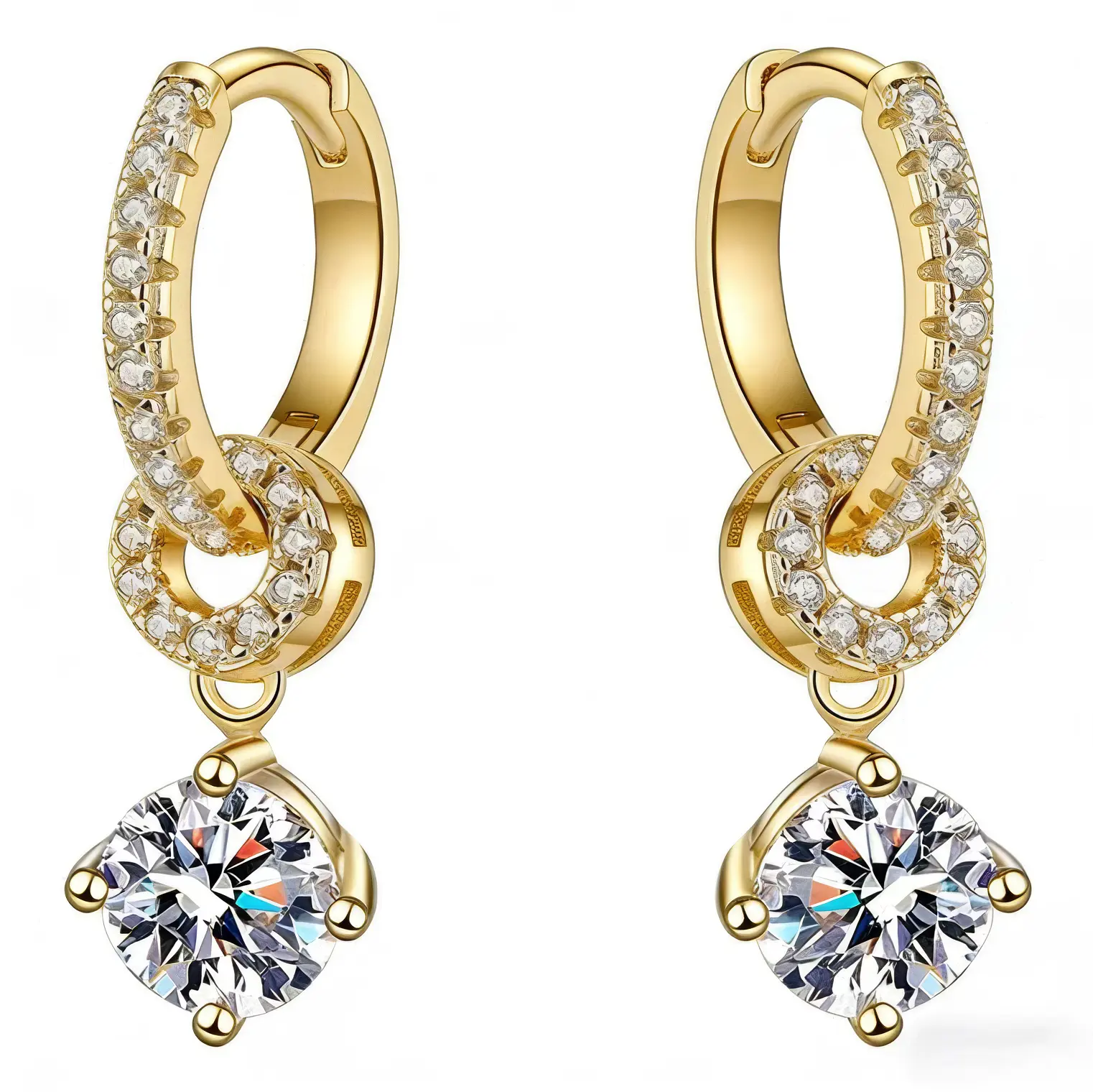 Stunning Interlocking Circle 14K Gold Drop Earrings | 1ct D VS1 3EX Lab Grown Diamond With Official IGI Certificate