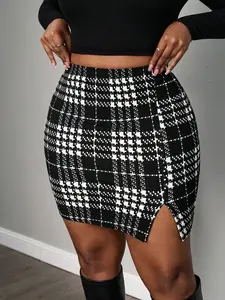 Plus Plaid Print Split Bodycon Skirt Black White Checkered