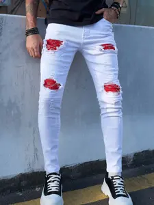 Street Stylish Men Holes Patch Solid Skinny Pencil Jeans Pants Male Ripped Distressed Slim Denim Trousers For Men's