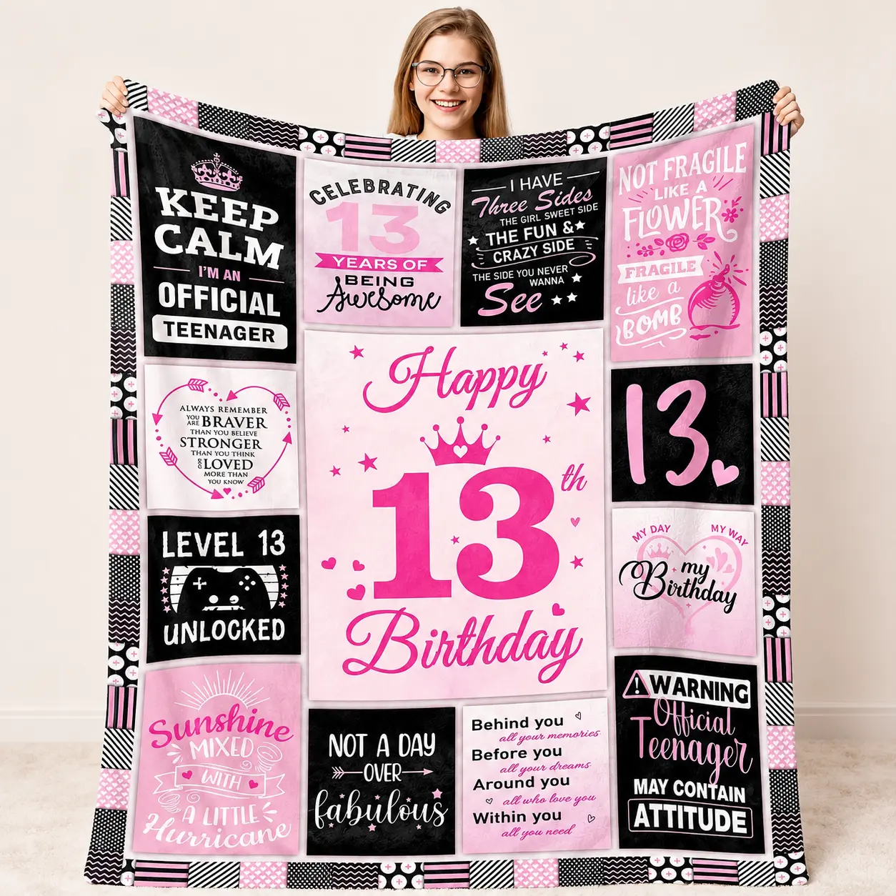 13th Birthday Flannel Fabric Throw Blanket - Pink Black, Official Teenager Inspirational Quote, Soft Cozy Plush Warm, Ideal Teenage Girls Gifts for Birthday Celebration, Bedroom/Sofa Room Decor