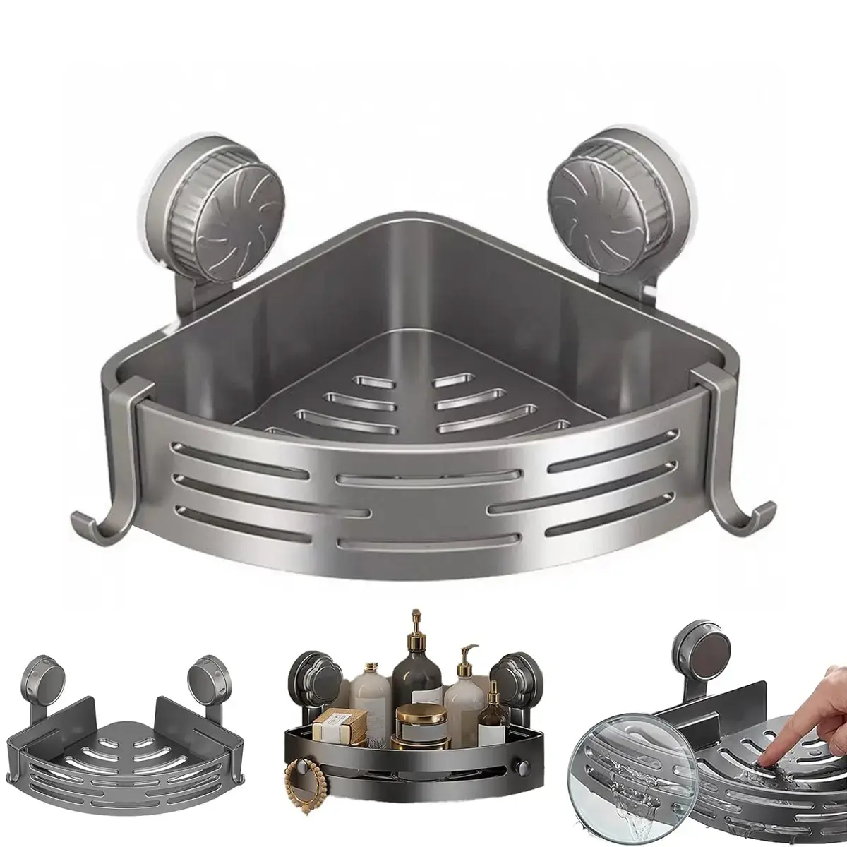 2026 New Suction Cup Corner Shower Shelf, No-Drill Bathroom Corner Shelf Strong, Waterproof Suction Cup, Bathroom Organizers and Storage Countertop for Bathroom Kitchen