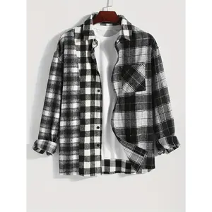 [Long Sleeve Flannel Shirt Jacket]  Casual Men's Plaid Asymmetrical Chest Pocket Buttoned Long Sleeve Flannel Lapel Shirt Jacket