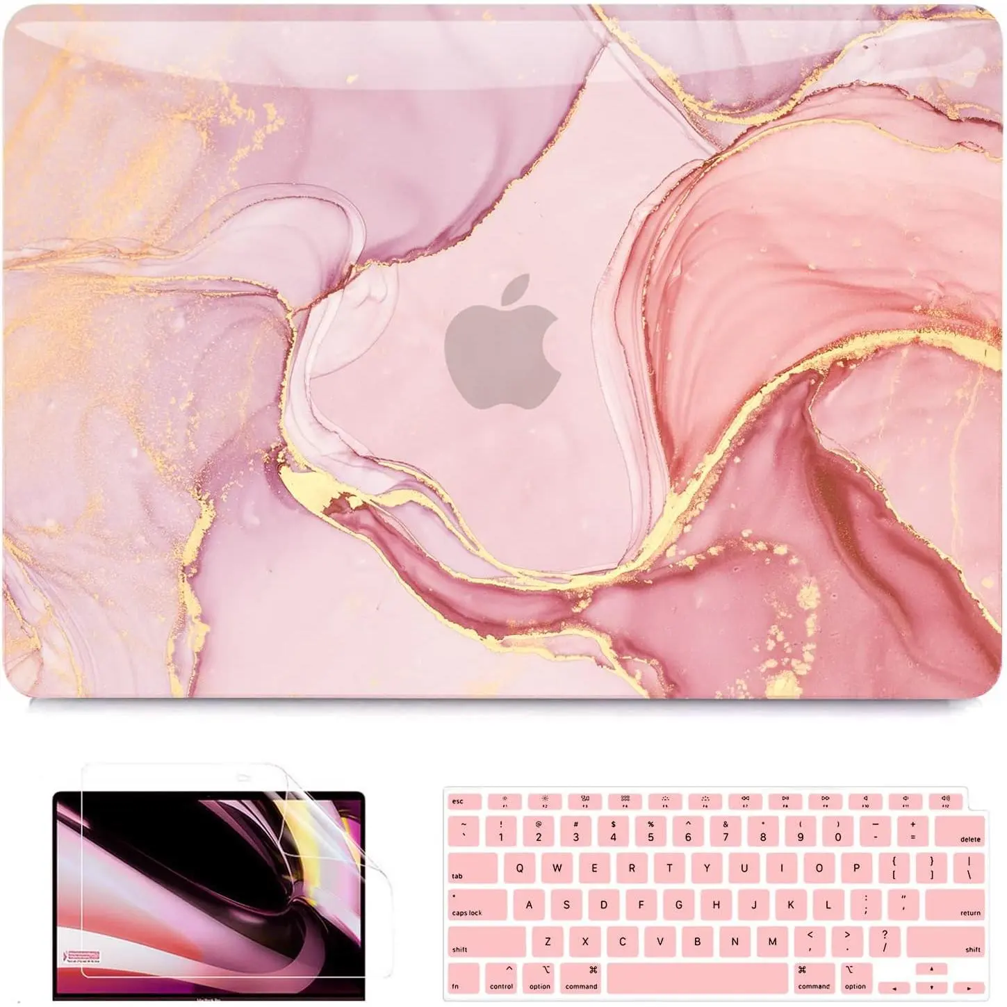 Compatible with MacBook Air 13 inch Case 2021 2020 2019 2018 M1 A2337 A2179 A1932 Touch ID Retina Display, Plastic Laptop Hard Shell Case + 2 Keyboard Cover + Screen Protector, Pink Marble
