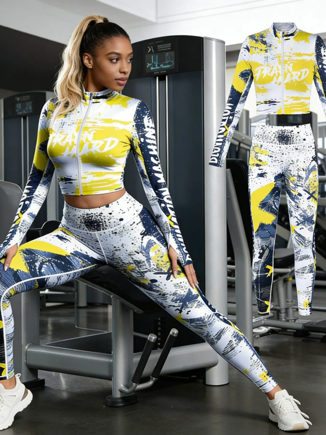 Street Style Long Sleeve Thumbhole Jacket Set, All over Print Design, Athleisure Sportswear Set, Athletic Yoga Set, Perfect for Yoga & Daily Wear, Ideal for Outdoor Activities, Athleisure Gym Clothes, Fitness Outfit Athleisure