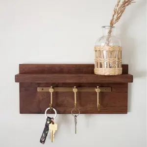Modern Wood Key Rack, Walnut Key Holder With Brass Hooks, Entryway Organizer, Key Hooks, Key Hanger Decor Shelf