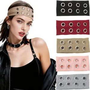 AWAYTR Y2K Punk Women Hollow Out Eyelets Elastic Headband Harajuku Fashion Wide Headband Elastic Head Bands Grunge Hairband for Women Girls TikTokShopBlackFriday