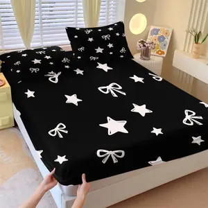 Black and white star and bow pattern printed fitted sheet and pillowcase set, cozy bedding suitable for bedrooms, dormitories, hotels, and other settings.
