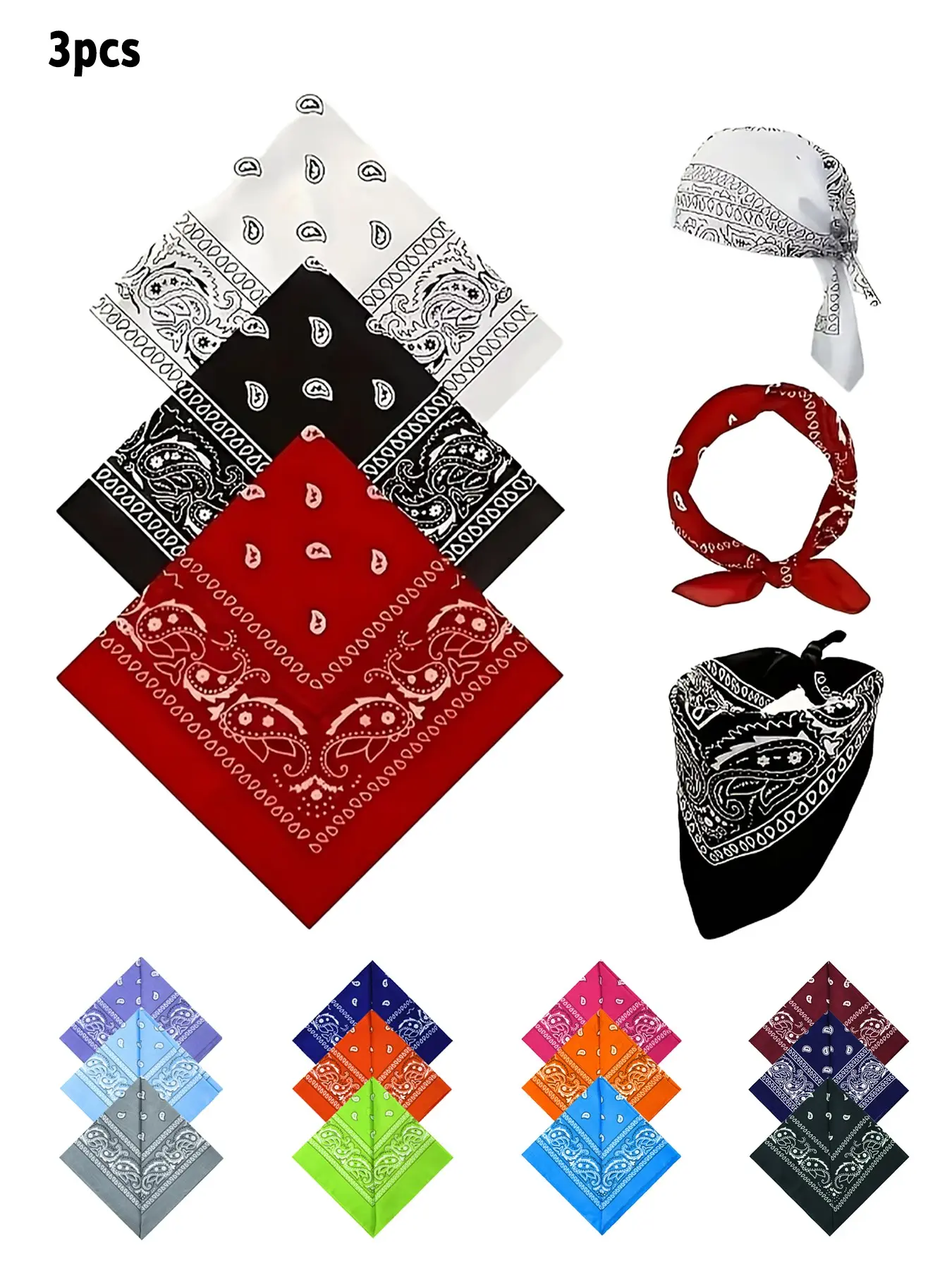 3 pcs Paisley Bandanas, Head Scarf, Versatile Headscarf, Y2K & Western & Retro Style, Multi-use Square Scarf, Multi-color combos available, Breathable Fabric, Lightweight, Easy to Tie, Ideal for Hair Ties, Neck Scarves & Festival Outfits