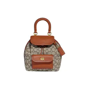 COACH Riya 21 Classic Monogram Drawstring Backpack for Women, Fabric-and-Leather Trim, Medium Size, Tan Brown