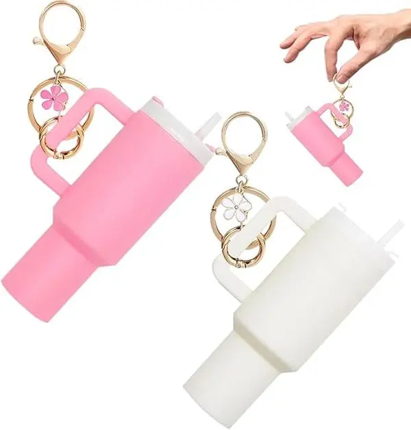 Mini Tumbler Keychain for Stanley Cup Accessories,Cute Mini Cup Flower Charm for School Bag Backpack Gir Women  ， Mini Tumbler Keychain ChapstickHolder， convenient storage，springtok，Mother's Day gifts ， Decoration Floral