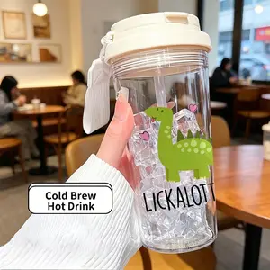 17oz/500ML Heat-Resistant Plastic Coffee Cup, Dual-Sip Design with Straw and Handle, Dinosaur Print, Ideal Gift for Various Occasions