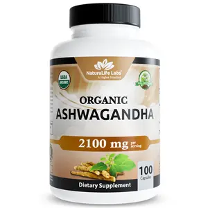 Organic Ashwagandha 2,100 mg per serving Organic Ashwagandha Powder and Root Extract - 100 Vegan Capsules