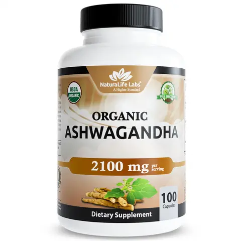NaturaLife Labs Organic Ashwagandha 2100 mg per Serving – Full Spectrum Root Powder and Standardized Extract (Withanolides) – 100 Capsules – Vegan – Non-GMO, Gluten-Free