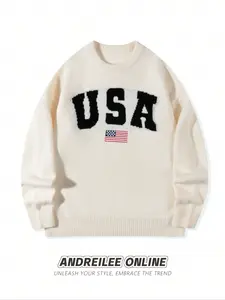 Men's & Women's Casual Round Neck Long Sleeve Knit Sweater, American Flag Letter Print, Loose-Fitting Fall Winter Warm Pullover