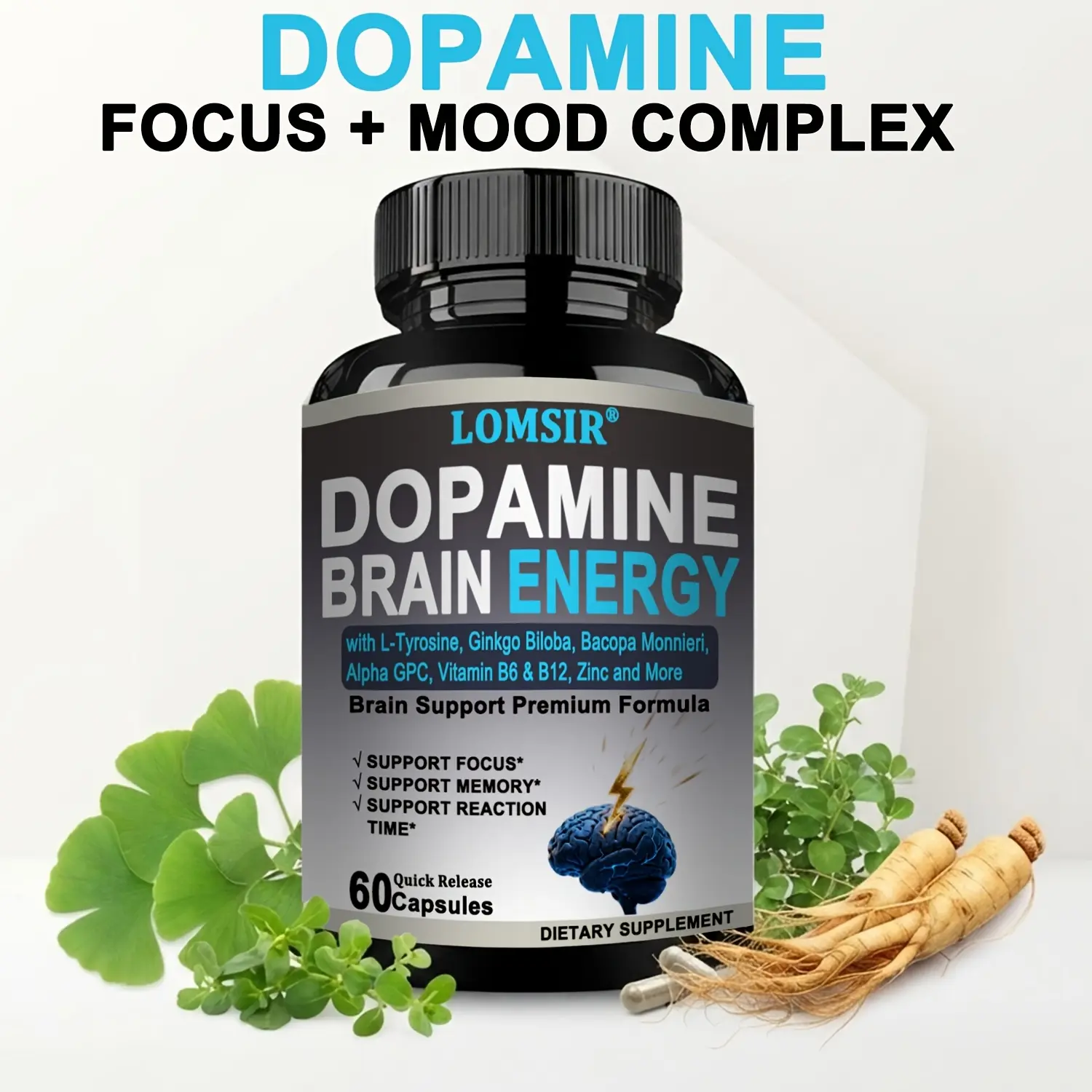 LOMSIR Dopamine Brain Energy Dietary Supplement for Adults - L-Tyrosine & Vitamin B Herbal Supplements, Ginkgo Biloba, Bacopa Monnieri, Alpha GPC, L-Theanine, Zinc, Quick Release, Prop 65 Safe, 60 Capsules, L-Tyrosine Herbal Supplements
